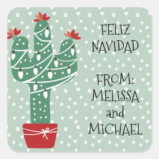 Vrolijk kerstfeest | Feliz Navidad Cactus Vierkante Sticker (Voorkant)