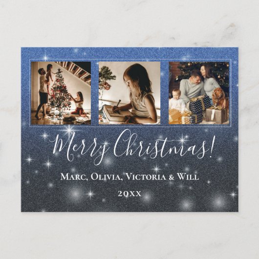Vrolijk Kerstfeest Foto Blauw Glitter Feestdagenkaart (Voorkant)