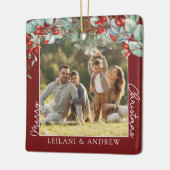 Vrolijk Kerstfeest Foto & Waterverf Holly Burgundy Keramisch Ornament (Links)