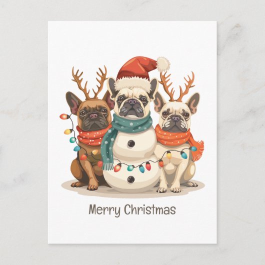 Vrolijk Kerstfeest Franse Bulldog Rendieren Honden Feestdagenkaart (Voorkant)
