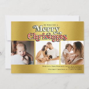 Vrolijk Kerstfeest Fun Candy Cane 3 Foto Faux Gold Feestdagenkaart