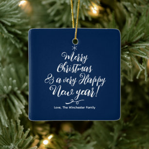 Vrolijk Kerstfeest Gelukkig Nieuwjaar blauw script Keramisch Ornament