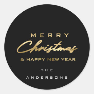 Vrolijk Kerstfeest & Gelukkig Nieuwjaar Naam Zwart Ronde Sticker