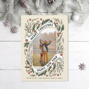 Vrolijk Kerstfeest Gelukkig Nieuwjaar Pine Holly F Feestdagenkaart