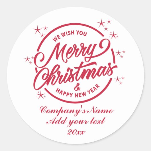 Vrolijk Kerstfeest & Gelukkig Nieuwjaar, Rode Typo Ronde Sticker (Voorkant)