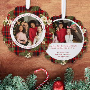 Vrolijk Kerstfeest Gelukkig Nieuwjaar Tartan Famil Ornament Kaart