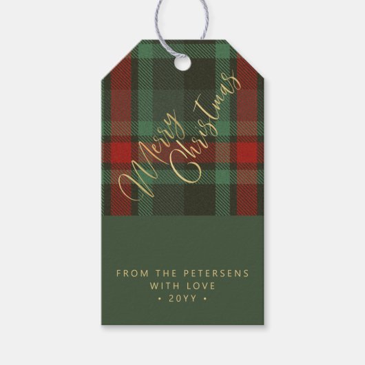 Vrolijk kerstfeest geplakt rood groen goud script cadeaulabel (Voorkant)