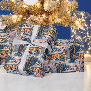 Vrolijk kerstfeest Gezellig huisje in het bos Cadeaupapier