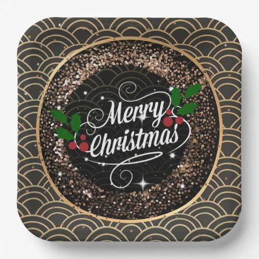 Vrolijk kerstfeest, glans en glitter, papier papieren bordje (Voorkant)