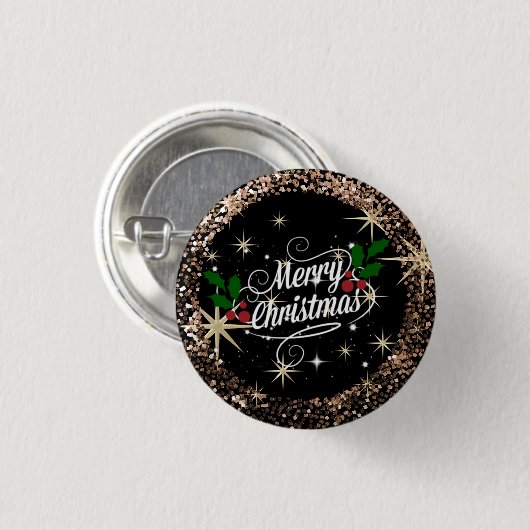 Vrolijk kerstfeest, glans en glitter ronde button 3,2 cm (Voorkant /achterkant)