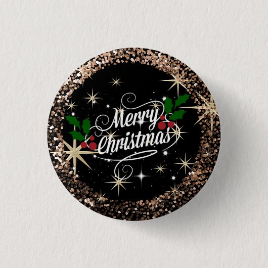 Vrolijk kerstfeest, glans en glitter ronde button 3,2 cm (Voorkant)