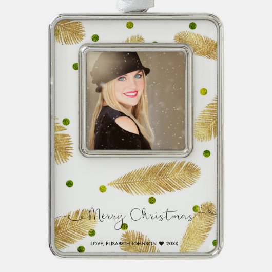 Vrolijk kerstfeest Gold Glitter Script Foto Orname Verzilverd Kader Ornament (Voorkant)