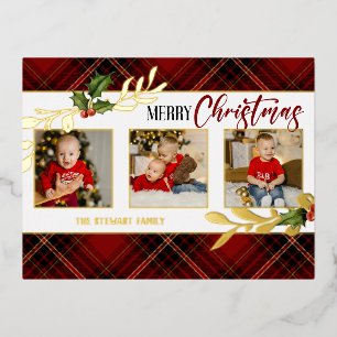 Vrolijk kerstfeest Gold Leaves 3-Foto Red Tartan Folie Feestdagen Briefkaart