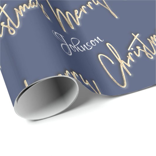 Vrolijk kerstfeest Golden Script Name Blue Navy Cadeaupapier (Rol Hoek)