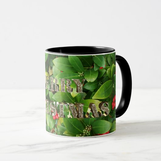 Vrolijk kerstfeest Golden Typografie Skimmia Flora Mok (Voorkant rechts)