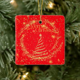 vrolijk kerstfeest! Goud stof tegen rood, glittera Keramisch Ornament