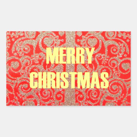 Vrolijk Kerstfeest Gouden Rode Sneeuw Glitter Hear Rechthoekige Sticker (Voorkant)