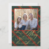 Vrolijk Kerstfeest gouden script rood groen plaid Feestdagenkaart (Voorkant)