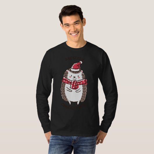Vrolijk Kerstfeest Grappig Schattige Hedgehog Sant T-shirt (Voorkant volledig)