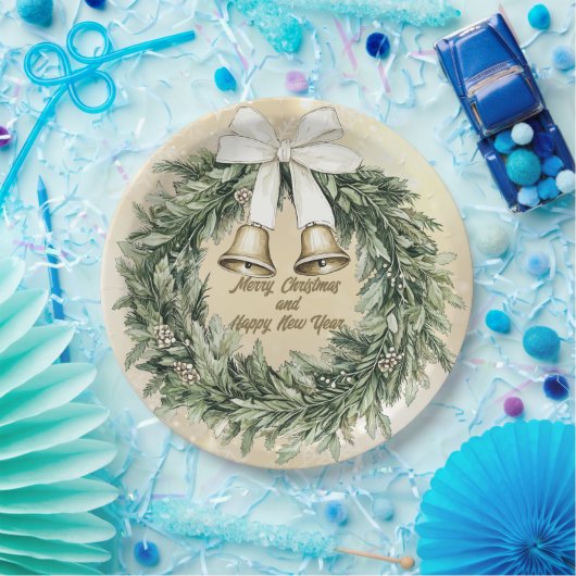 Vrolijk Kerstfeest Groen Goud Wit Krans Papieren Bordje (Feest)