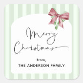 Vrolijk Kerstfeest Groene Strepen Rode Boog Vierkante Sticker (Voorkant)