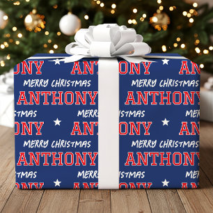 Vrolijk Kerstfeest Grootschalige Custom Name Red N Cadeaupapier