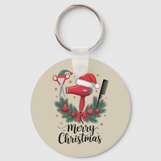 Vrolijk Kerstfeest Haarstylist Kapsalon Xmas Hair Sleutelhanger (Voorkant)