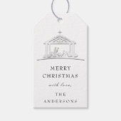 Vrolijk kerstfeest, heilige familie grijs cadeaulabel (Voorkant)