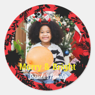 Vrolijk Kerstfeest Helder Rood Zwart Foto Ronde Sticker