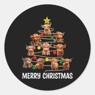 Vrolijk kerstfeest Highland Koe Western kerstboom Ronde Sticker