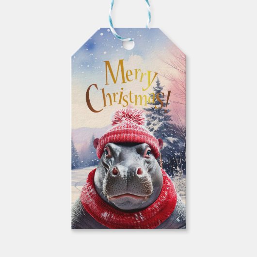 Vrolijk Kerstfeest Hippo Kerstmuts en sjaal Cadeaulabel (Voorkant)