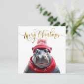 Vrolijk Kerstfeest Hippo Kerstmuts en sjaal Feestdagenkaart (Staand voorkant)