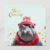 Vrolijk Kerstfeest Hippo Kerstmuts en sjaal Feestdagenkaart (Voorkant / Achterkant)