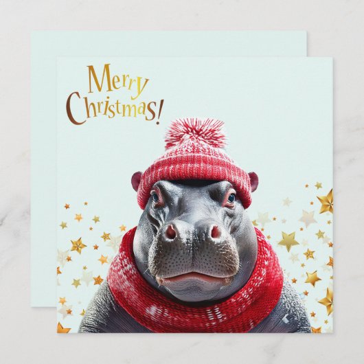 Vrolijk Kerstfeest Hippo Kerstmuts en sjaal Feestdagenkaart (Voorkant / Achterkant)