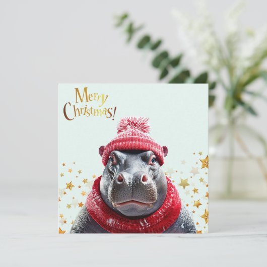 Vrolijk Kerstfeest Hippo Kerstmuts en sjaal Feestdagenkaart (Staand voorkant)