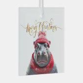 Vrolijk Kerstfeest Hippo Kerstmuts en sjaal Glas Ornament (Voorkant Rechts)