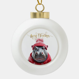 Vrolijk Kerstfeest Hippo Kerstmuts en sjaal Keramische Bal Ornament