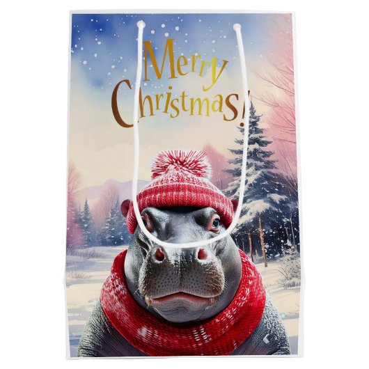 Vrolijk Kerstfeest Hippo Kerstmuts en sjaal Medium Cadeauzakje (Achterkant)