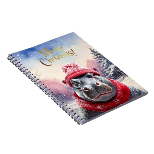 Vrolijk Kerstfeest Hippo Kerstmuts en sjaal Notitieboek (Rechterzijde)