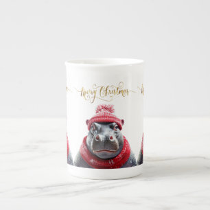 Vrolijk Kerstfeest Hippo Kerstmuts en sjaal Porselein Kop