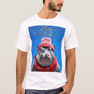 Vrolijk Kerstfeest Hippo Kerstmuts en sjaal T-shirt