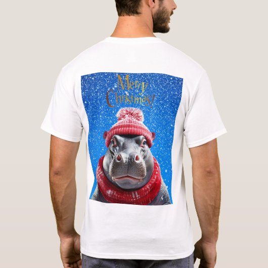 Vrolijk Kerstfeest Hippo Kerstmuts en sjaal T-shirt (Achterkant)