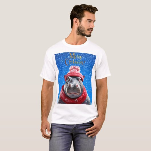 Vrolijk Kerstfeest Hippo Kerstmuts en sjaal T-shirt (Voorkant volledig)