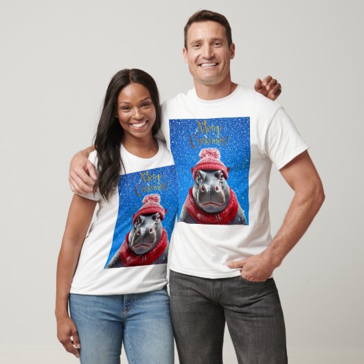 Vrolijk Kerstfeest Hippo Kerstmuts en sjaal T-shirt (Unisex)