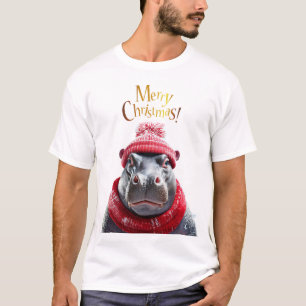 Vrolijk Kerstfeest Hippo Kerstmuts en sjaal T-shirt