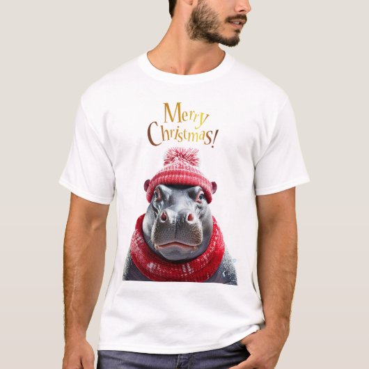 Vrolijk Kerstfeest Hippo Kerstmuts en sjaal T-shirt (Voorkant)