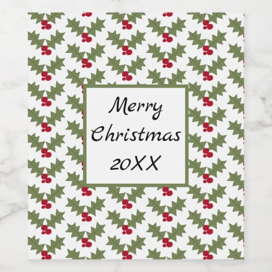 Vrolijk kerstfeest Holly Red Berries Green Leaves Wijn Etiket (Enkel label)