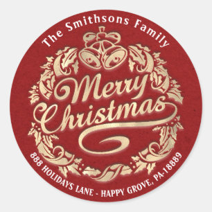 Vrolijk kerstfeest Holly Wreath RSVP Red Gold Kraf Ronde Sticker