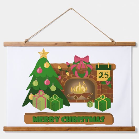 Vrolijk kerstfeest in de buurt van haard vreugdevu hangend wandkleed (Voorkant)