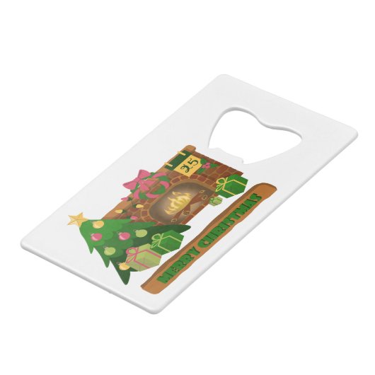 Vrolijk kerstfeest in de buurt van haard vreugdevu kredietkaart flessenopener (Voorkant Gekanteld)